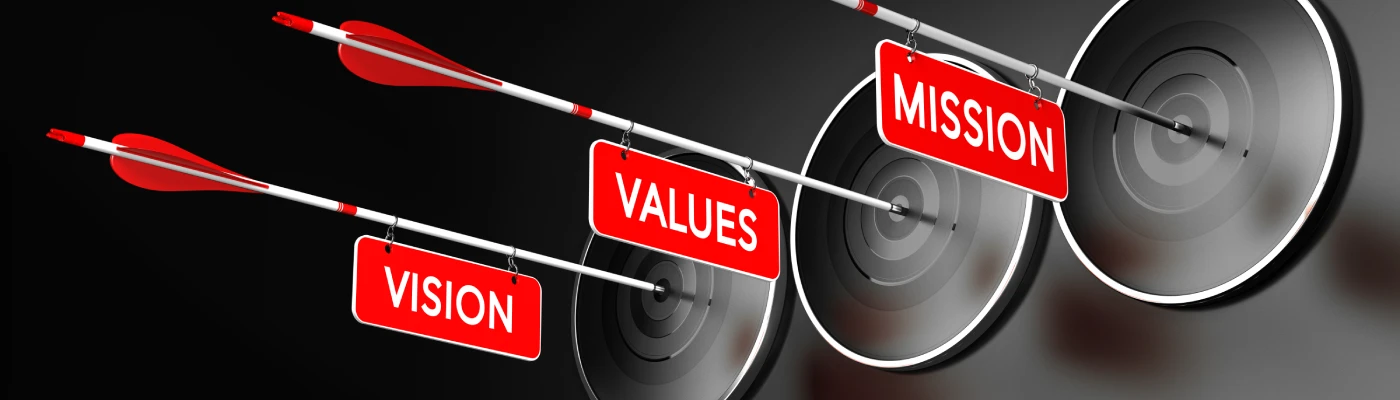 Dartboard with three darts illustrating company mission, vision, and core values aligned with AI innovation.