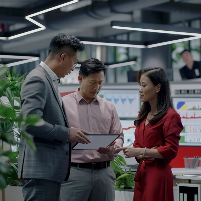 Team of professionals reviewing AI analytics on a tablet, symbolizing collaboration and innovation.”