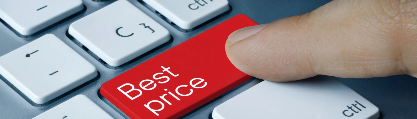 Red ‘Best Price’ keyboard button representing smart pricing and AI-driven cost optimization.